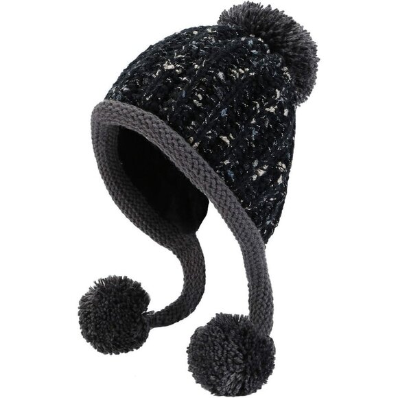 ✨ Huamulan Ear Flaps Sherpa Ski Women Black Peruvian Beanie Snow Pom Pom Hats - Picture 1 of 8